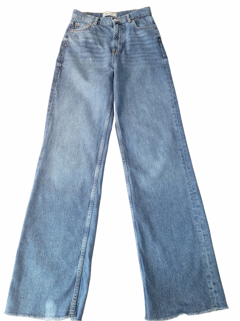 ✅ Zara Light Blue Straight-Leg high waist raw hem Women’s Jeans size 4 EUR 36